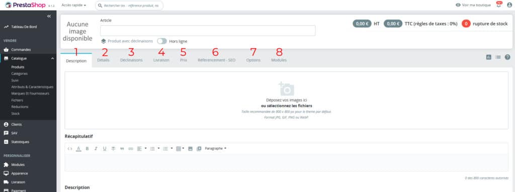 Les différentes rubriques qui composent votre fiche produit sur Prestashop