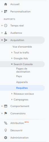 Requêtes Serach Console dans Google Analytics