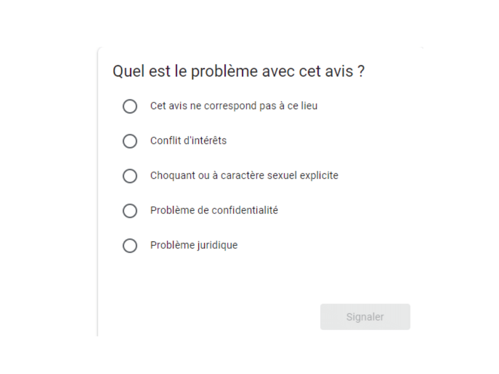 Les différentes raisons de signalement d'un avis Google My Business